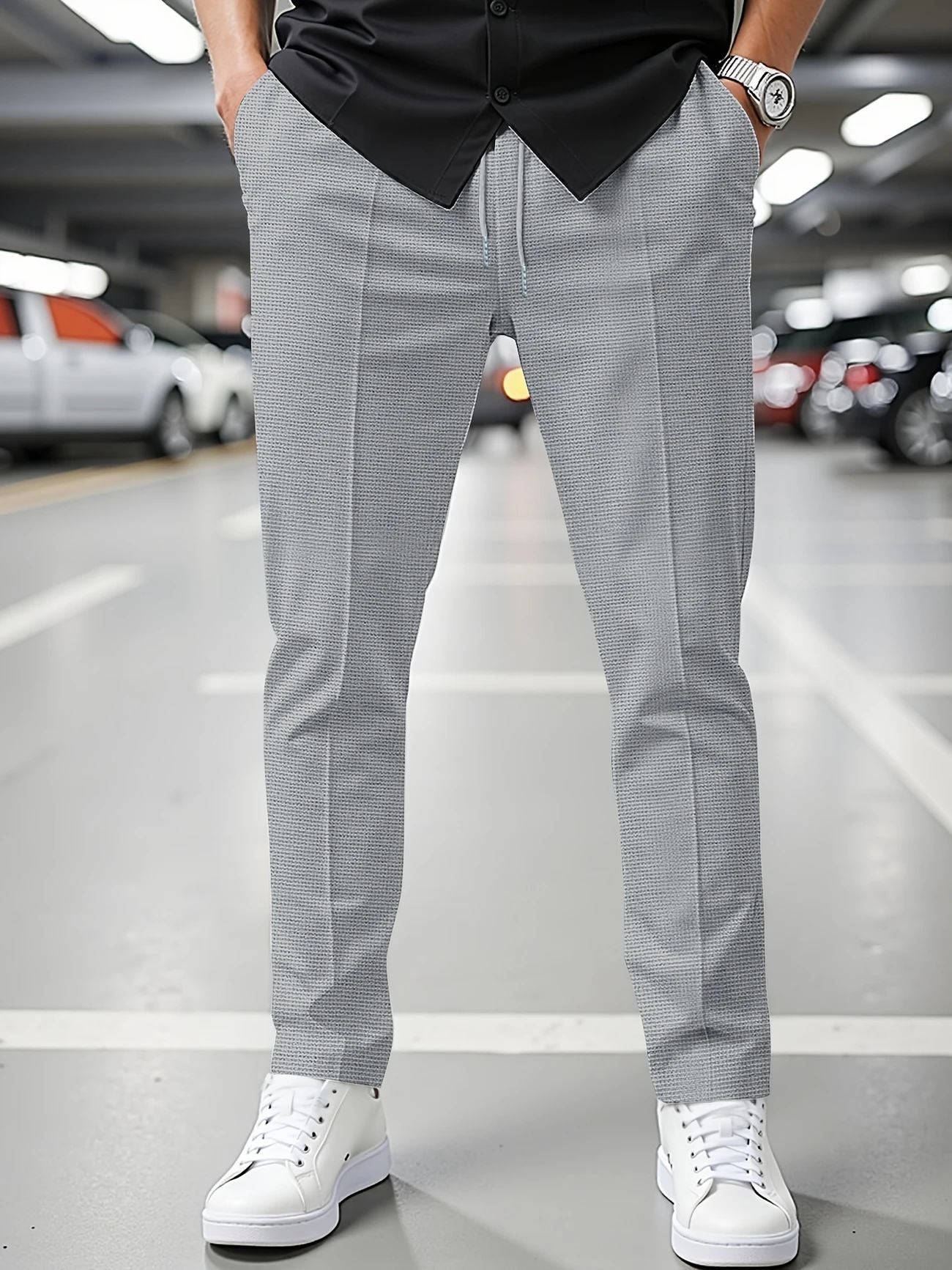 Solid Color Khaki Full Length Skinny Pants For Men In Micro-Elastic Polyester Fabric