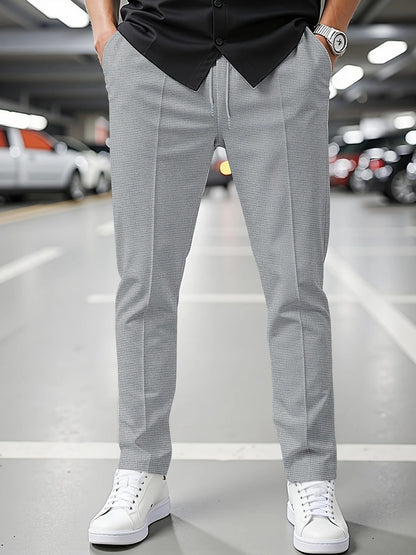 Solid Color Khaki Full Length Skinny Pants For Men In Micro-Elastic Polyester Fabric