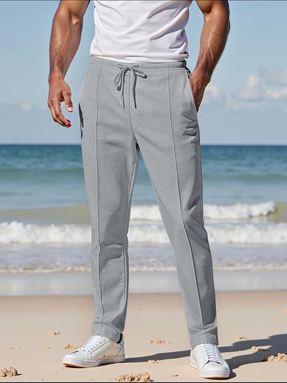 Solid Color Khaki Full Length Skinny Pants For Men In Micro-Elastic Polyester Fabric