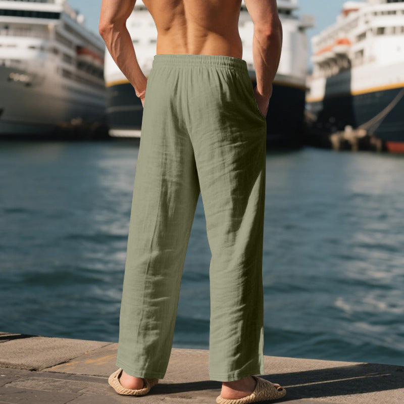 Men's Casual Solid Color Full Length Linen Casual Pants For Everyday Wear