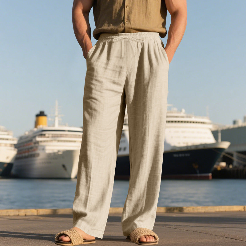 Men's Casual Solid Color Full Length Linen Casual Pants For Everyday Wear