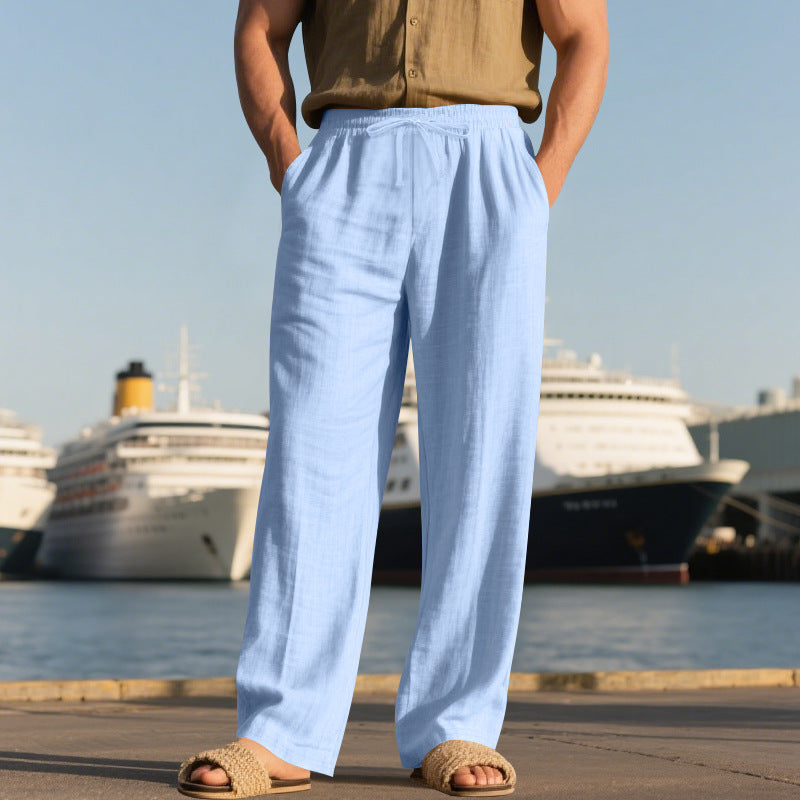 Men's Casual Solid Color Full Length Linen Casual Pants For Everyday Wear