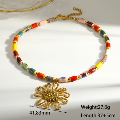 Sweet Flowers Pendant Necklace For Women In 304 Stainless Steel With 18K Real Gold Plated Finish And Beaded Chain