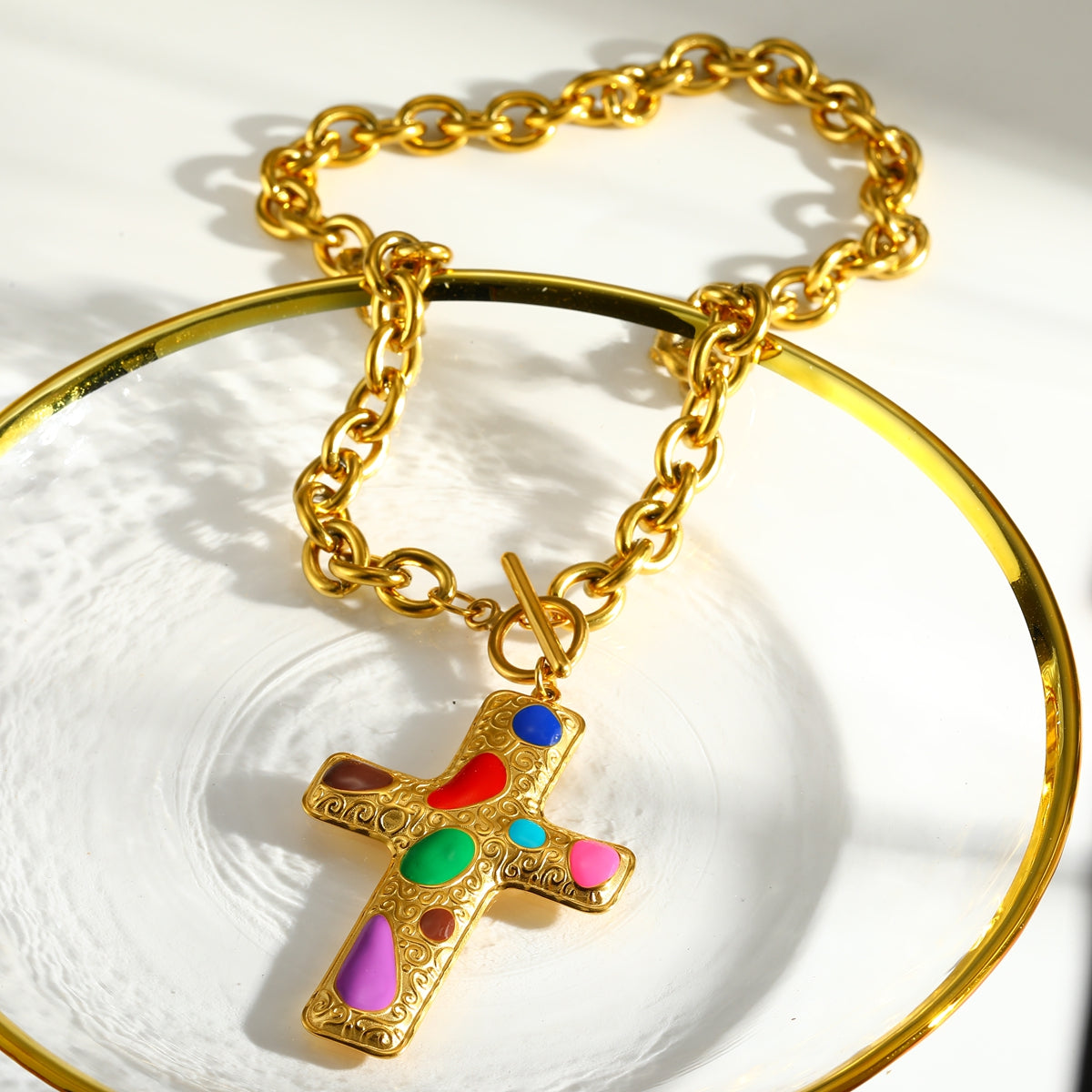 Cross Pendant Necklace For Women In 304 Stainless Steel With Electroplated 18K Real Gold Plated Finish And Cable Chain