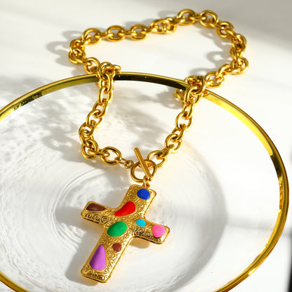 Cross Pendant Necklace For Women In 304 Stainless Steel With Electroplated 18K Real Gold Plated Finish And Cable Chain