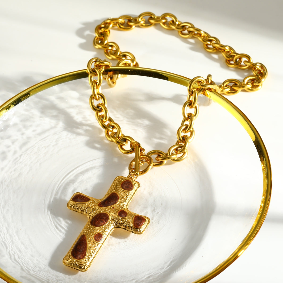 Cross Pendant Necklace For Women In 304 Stainless Steel With Electroplated 18K Real Gold Plated Finish And Cable Chain