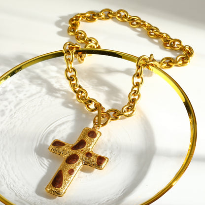 Cross Pendant Necklace For Women In 304 Stainless Steel With Electroplated 18K Real Gold Plated Finish And Cable Chain