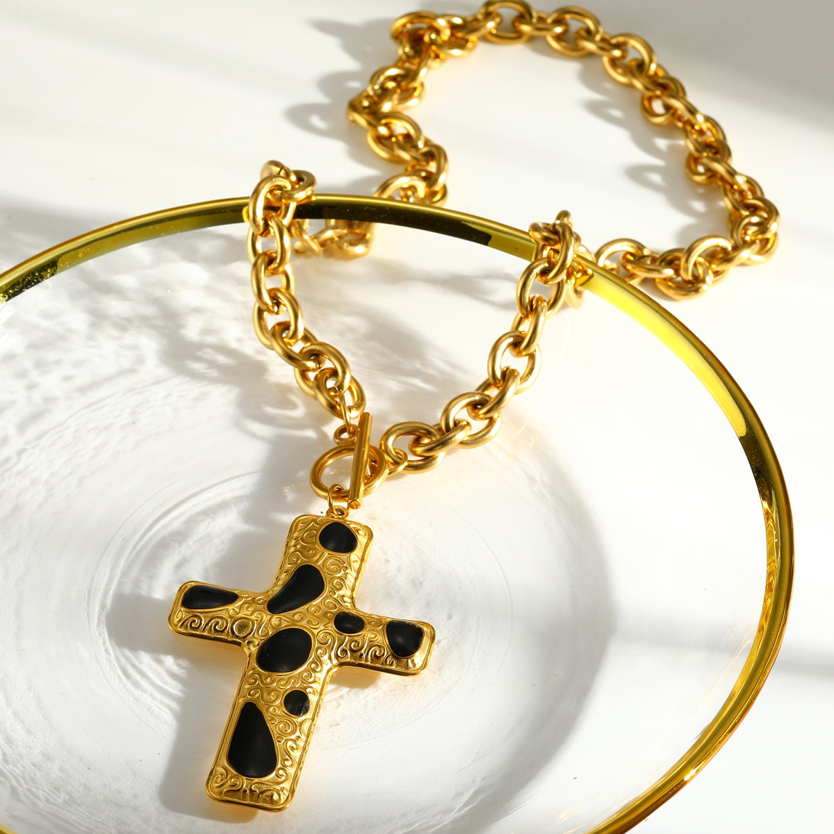 Cross Pendant Necklace For Women In 304 Stainless Steel With Electroplated 18K Real Gold Plated Finish And Cable Chain