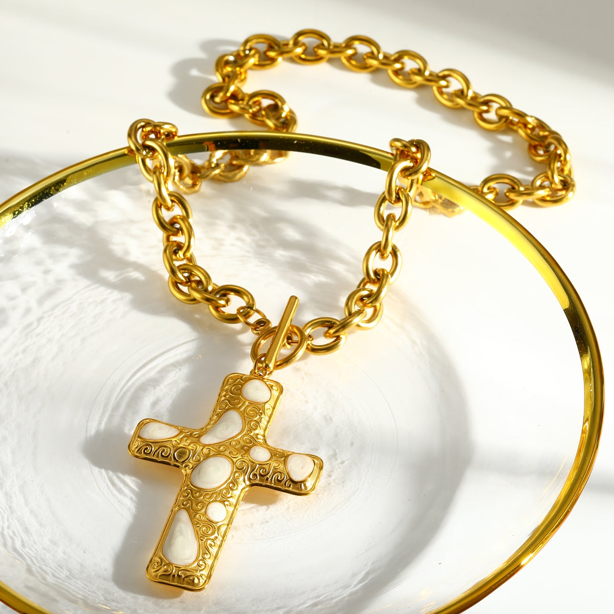Cross Pendant Necklace For Women In 304 Stainless Steel With Electroplated 18K Real Gold Plated Finish And Cable Chain