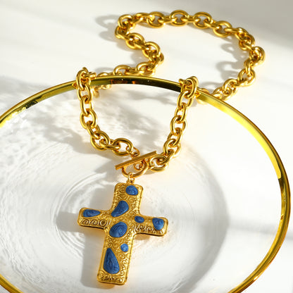 Cross Pendant Necklace For Women In 304 Stainless Steel With Electroplated 18K Real Gold Plated Finish And Cable Chain