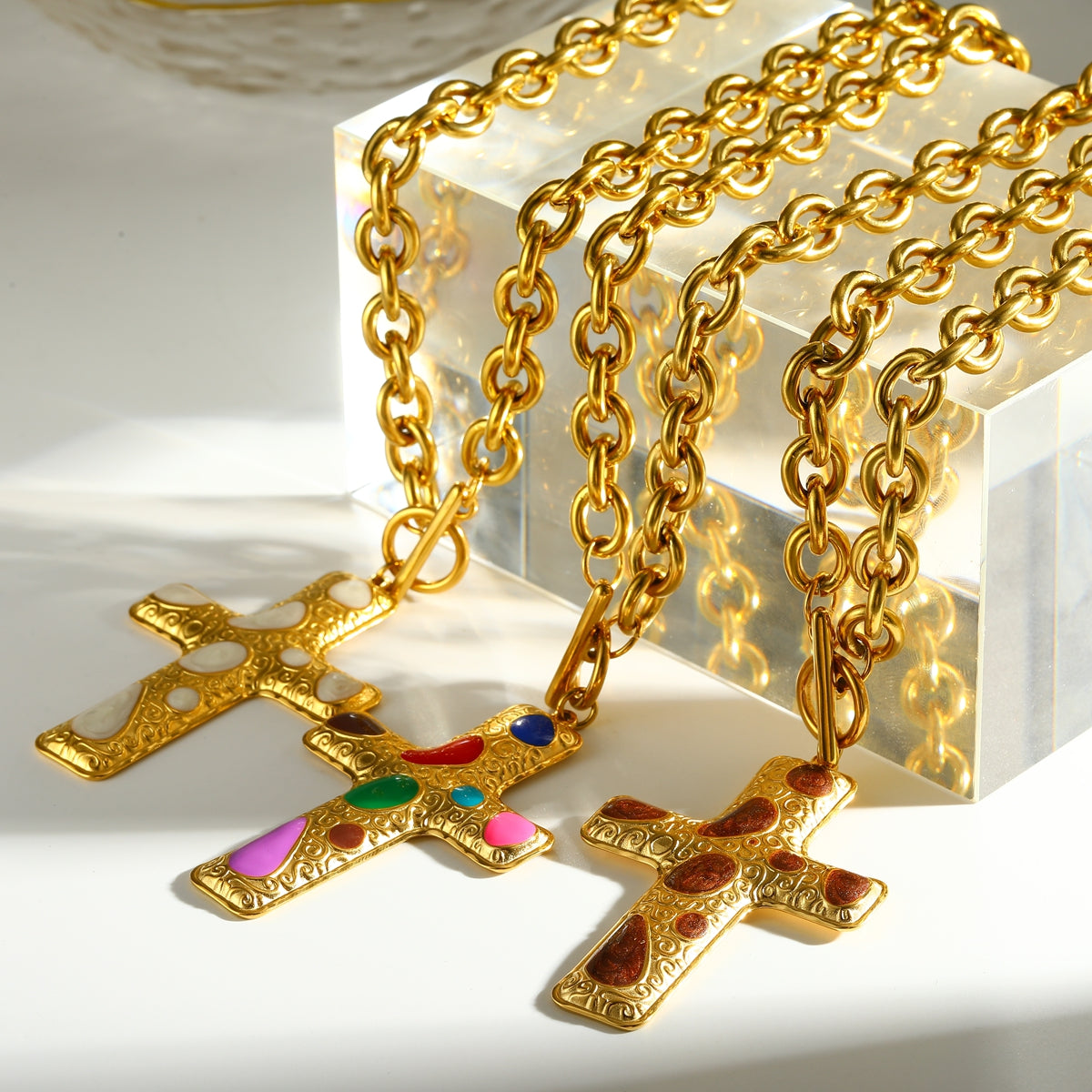 Cross Pendant Necklace For Women In 304 Stainless Steel With Electroplated 18K Real Gold Plated Finish And Cable Chain