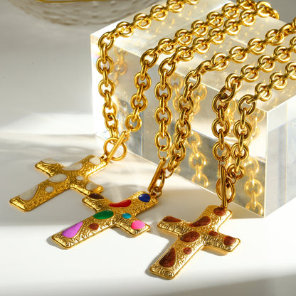 Cross Pendant Necklace For Women In 304 Stainless Steel With Electroplated 18K Real Gold Plated Finish And Cable Chain