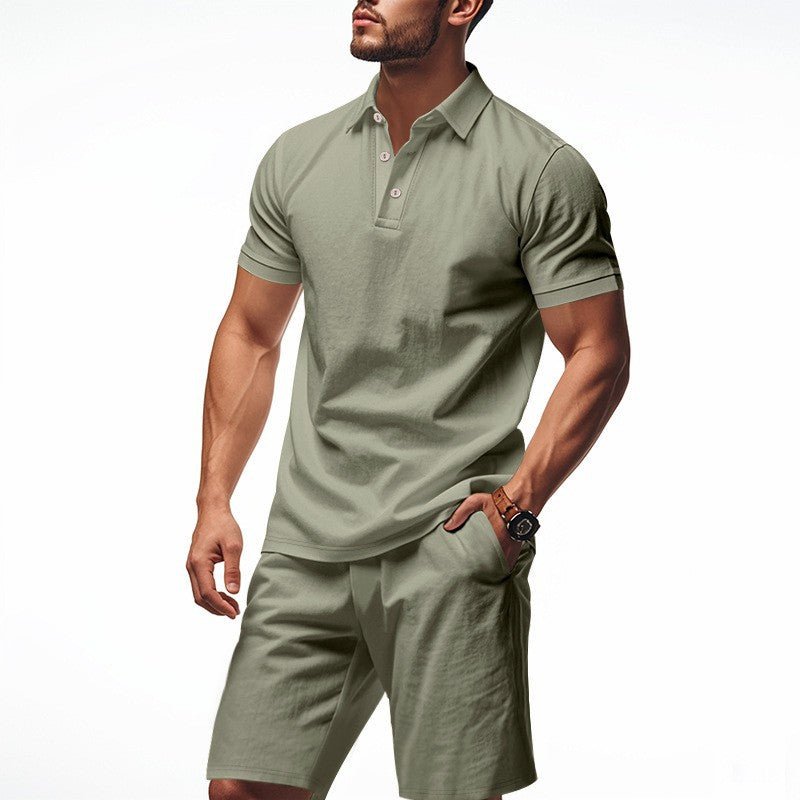 Men's Casual Beach Shorts Co-ord Set In Army Green Linen With Shirt Collar For Comfortable Summer Wear