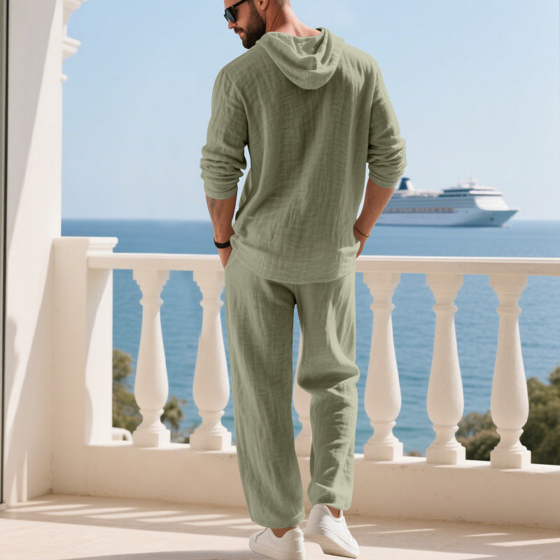 Men's Casual Linen Pants Co-ord Set In Army Green, Perfect For Everyday Casual Wear