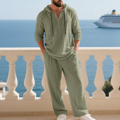 Men's Casual Linen Pants Co-ord Set In Army Green, Perfect For Everyday Casual Wear