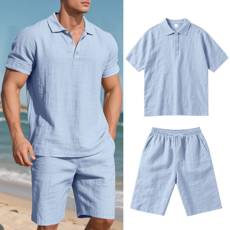 Men's Casual Beach Shorts Co-ord Set In Army Green Linen With Shirt Collar For Comfortable Summer Wear