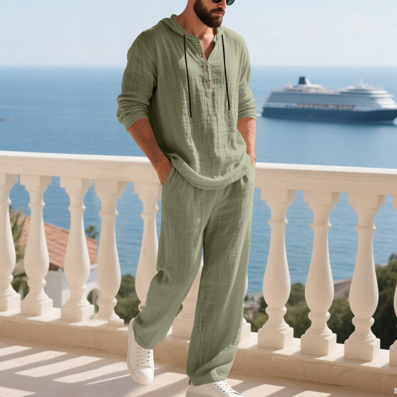 Men's Casual Linen Pants Co-ord Set In Army Green, Perfect For Everyday Casual Wear