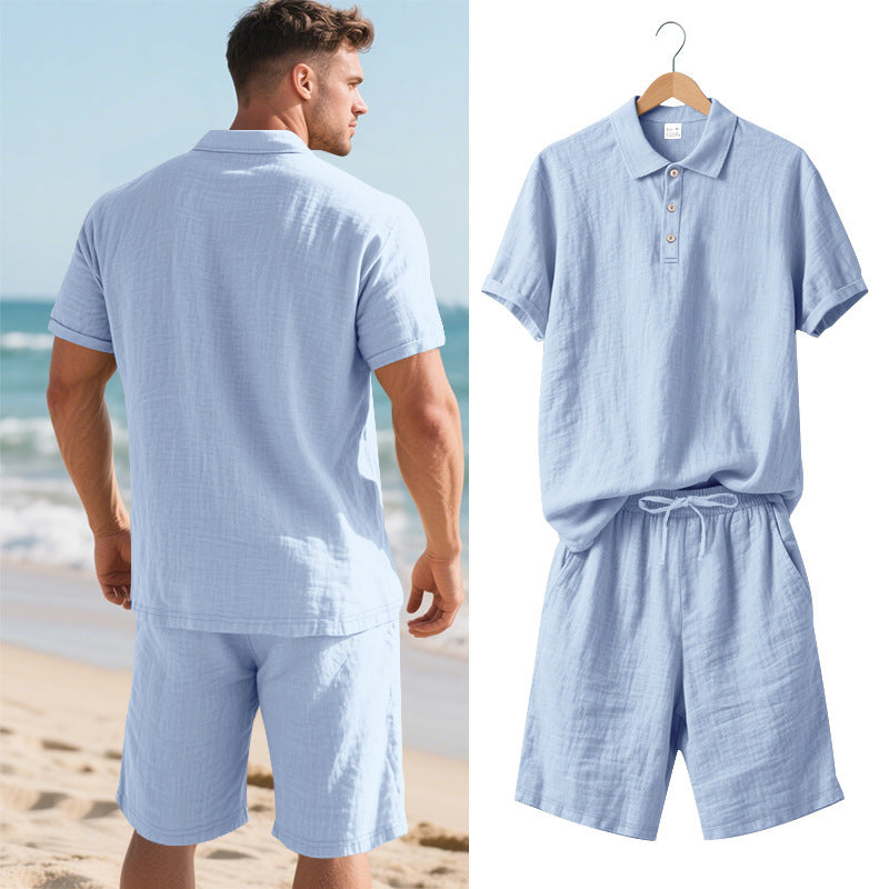 Men's Casual Beach Shorts Co-ord Set In Army Green Linen With Shirt Collar For Comfortable Summer Wear
