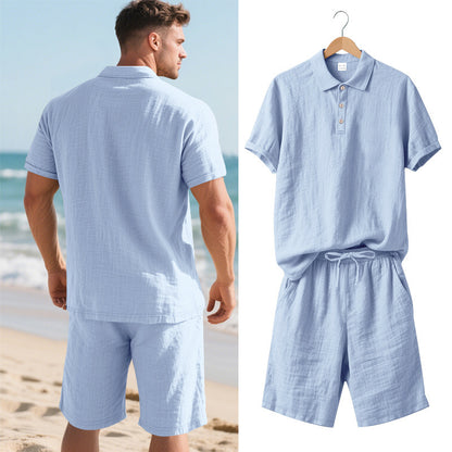 Men's Casual Beach Shorts Co-ord Set In Army Green Linen With Shirt Collar For Comfortable Summer Wear