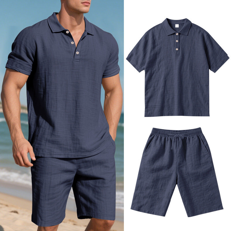 Men's Casual Beach Shorts Co-ord Set In Army Green Linen With Shirt Collar For Comfortable Summer Wear