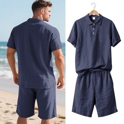 Men's Casual Beach Shorts Co-ord Set In Army Green Linen With Shirt Collar For Comfortable Summer Wear