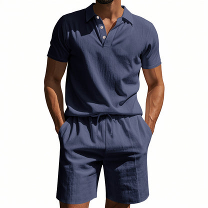 Men's Casual Beach Shorts Co-ord Set In Army Green Linen With Shirt Collar For Comfortable Summer Wear