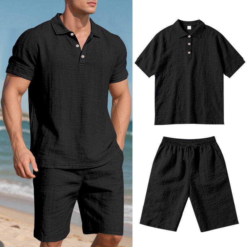Men's Casual Beach Shorts Co-ord Set In Army Green Linen With Shirt Collar For Comfortable Summer Wear