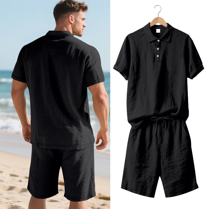 Men's Casual Beach Shorts Co-ord Set In Army Green Linen With Shirt Collar For Comfortable Summer Wear