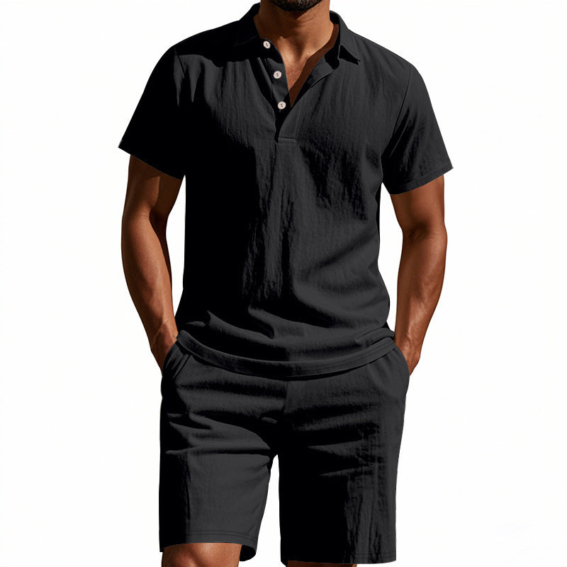 Men's Casual Beach Shorts Co-ord Set In Army Green Linen With Shirt Collar For Comfortable Summer Wear