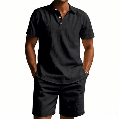 Men's Casual Beach Shorts Co-ord Set In Army Green Linen With Shirt Collar For Comfortable Summer Wear