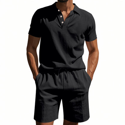 Men's Casual Beach Shorts Co-ord Set In Army Green Linen With Shirt Collar For Comfortable Summer Wear