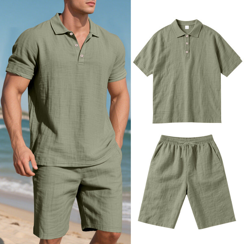 Men's Casual Beach Shorts Co-ord Set In Army Green Linen With Shirt Collar For Comfortable Summer Wear