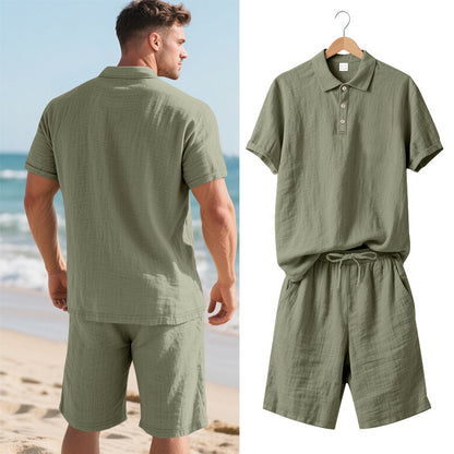 Men's Casual Beach Shorts Co-ord Set In Army Green Linen With Shirt Collar For Comfortable Summer Wear