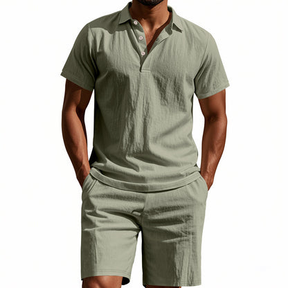 Men's Casual Beach Shorts Co-ord Set In Army Green Linen With Shirt Collar For Comfortable Summer Wear