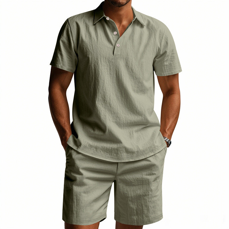 Men's Casual Beach Shorts Co-ord Set In Army Green Linen With Shirt Collar For Comfortable Summer Wear
