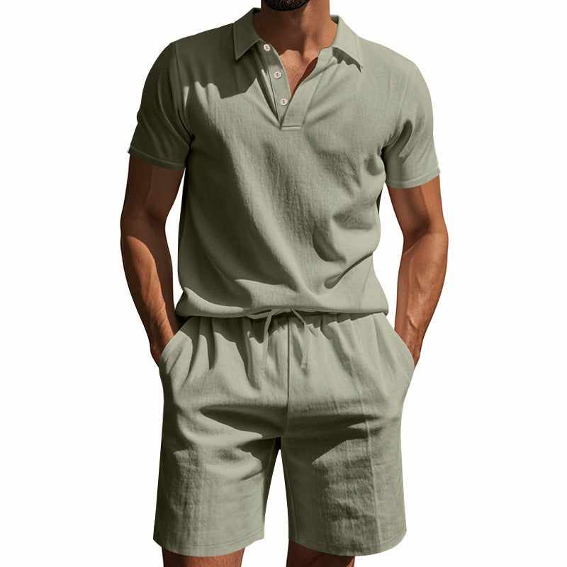 Men's Casual Beach Shorts Co-ord Set In Army Green Linen With Shirt Collar For Comfortable Summer Wear