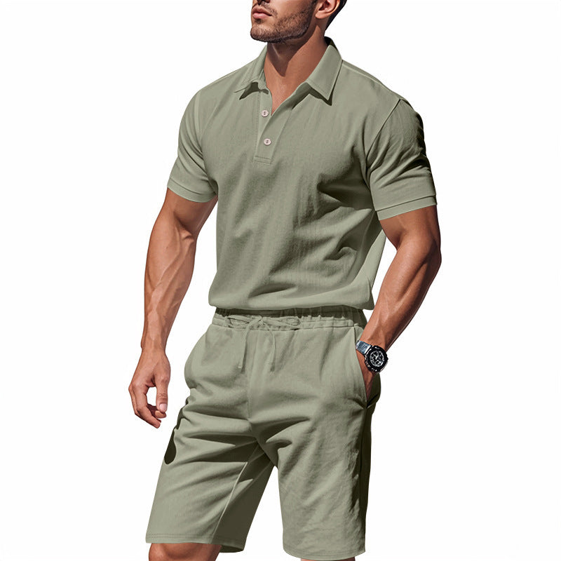 Men's Casual Beach Shorts Co-ord Set In Army Green Linen With Shirt Collar For Comfortable Summer Wear
