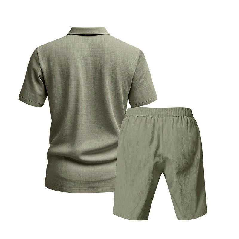 Men's Casual Beach Shorts Co-ord Set In Army Green Linen With Shirt Collar For Comfortable Summer Wear