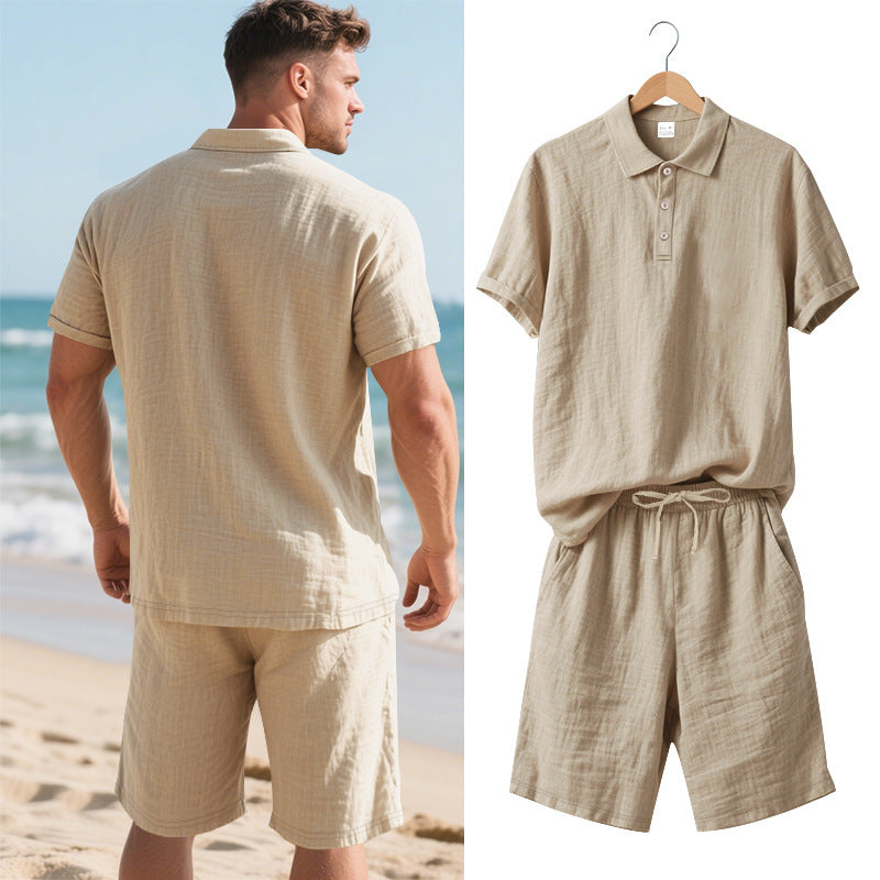 Men's Casual Beach Shorts Co-ord Set In Army Green Linen With Shirt Collar For Comfortable Summer Wear