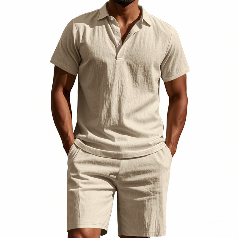 Men's Casual Beach Shorts Co-ord Set In Army Green Linen With Shirt Collar For Comfortable Summer Wear