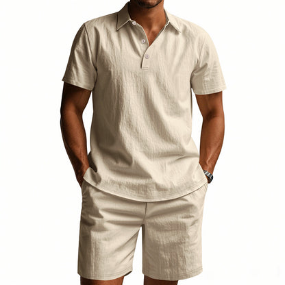 Men's Casual Beach Shorts Co-ord Set In Army Green Linen With Shirt Collar For Comfortable Summer Wear
