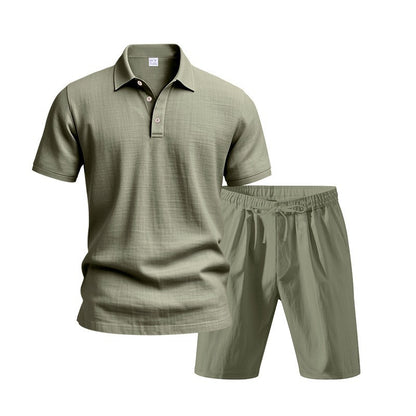 Men's Casual Beach Shorts Co-ord Set In Army Green Linen With Shirt Collar For Comfortable Summer Wear