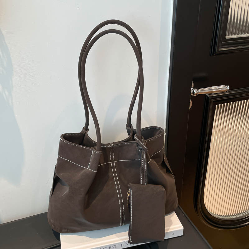 Women’s Square PU Leather Tote Bag With Sewing Thread Detail, Featuring Single Shoulder Strap