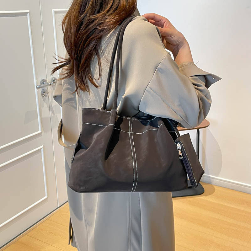 Women’s Square PU Leather Tote Bag With Sewing Thread Detail, Featuring Single Shoulder Strap