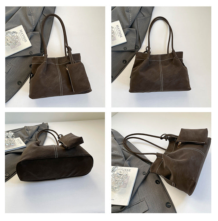 Women’s Square PU Leather Tote Bag With Sewing Thread Detail, Featuring Single Shoulder Strap