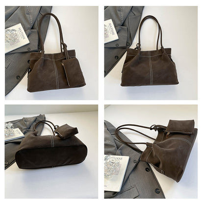 Women’s Square PU Leather Tote Bag With Sewing Thread Detail, Featuring Single Shoulder Strap