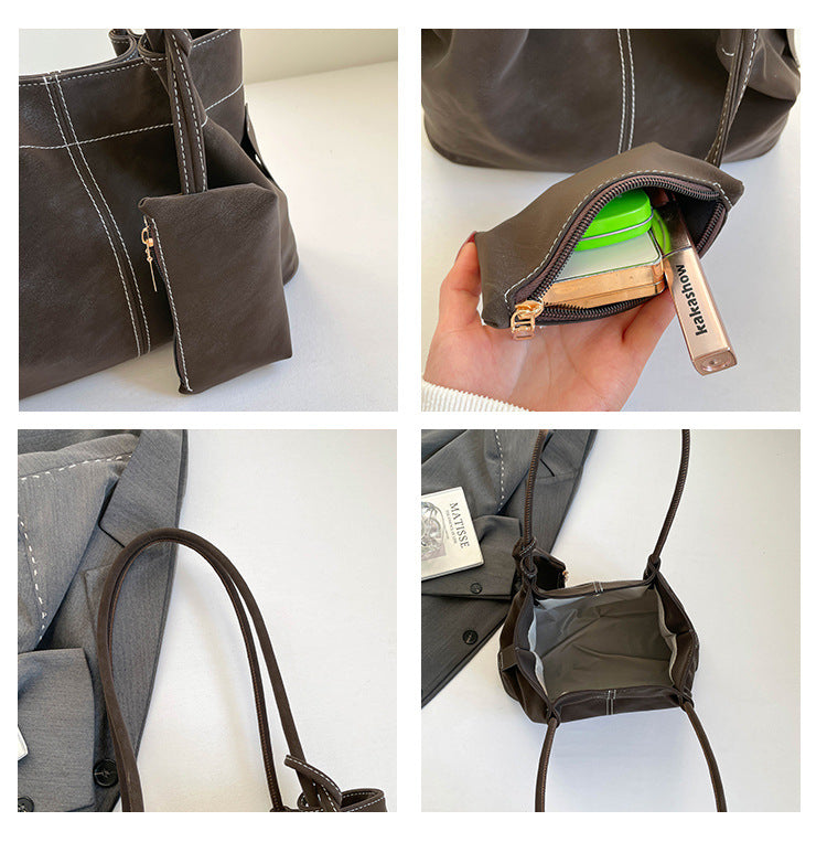 Women’s Square PU Leather Tote Bag With Sewing Thread Detail, Featuring Single Shoulder Strap