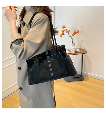 Women’s Square PU Leather Tote Bag With Sewing Thread Detail, Featuring Single Shoulder Strap
