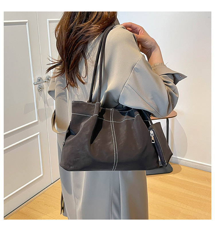 Women’s Square PU Leather Tote Bag With Sewing Thread Detail, Featuring Single Shoulder Strap