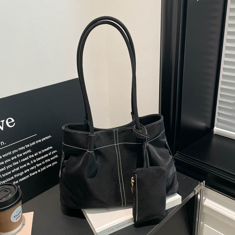 Women’s Square PU Leather Tote Bag With Sewing Thread Detail, Featuring Single Shoulder Strap